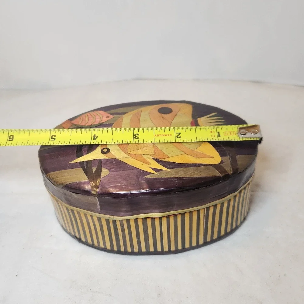 Set Of 2 Small Trinket Boxes 1 Wooden  1 W/ Wooden Inlay Fish Accents